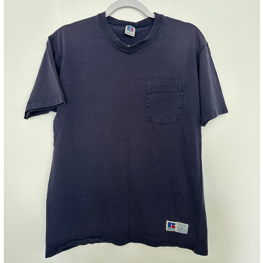 Vintage 90s Russell Athletic Blank Pocket T-Shirt USA Mens Large Distresssed